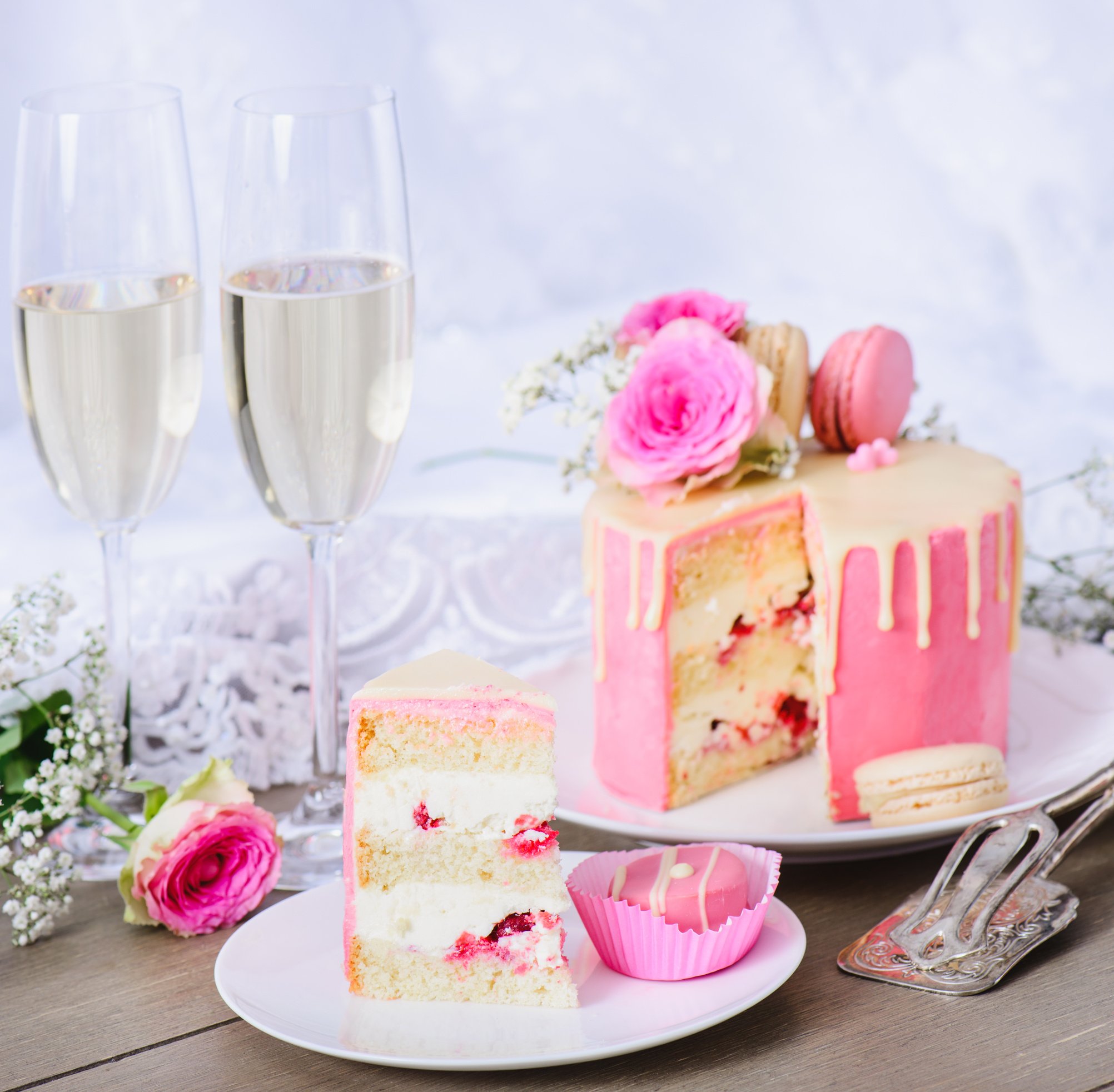 Wedding cake with pink frosting